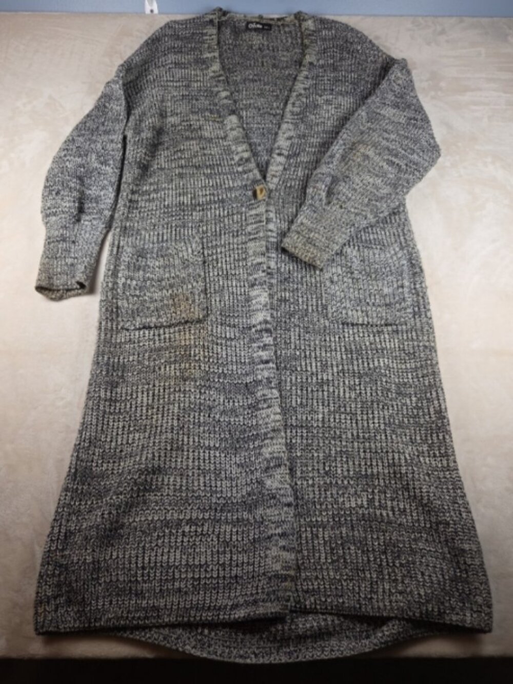 Women’s Long Knit Cardigan Sweater Gray Marled Rib Knit Size Large